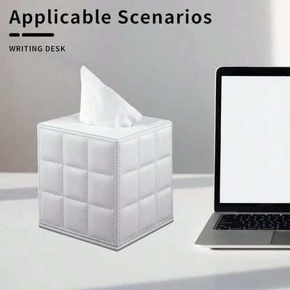 Tissue Box Cover Square,Stylish PU Leather Tissue Box Holder For Dresser Bathroom,Facial Tissue Holder With Magnetic Bottom For Home Office (White)