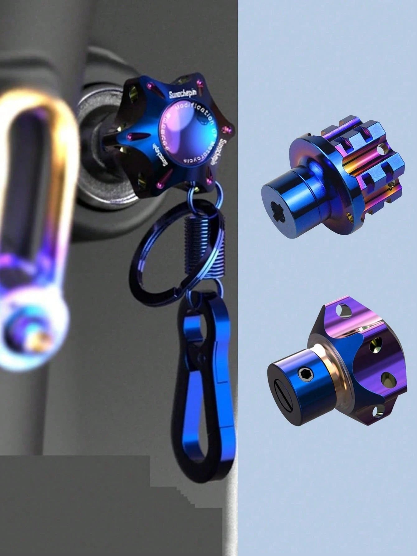 Titanium Anodized Motorcycle Key Cap Blue And Black Gradient Titanium Alloy Key Cover With Carabiner Clip Universal Electric Scooter Applicable Customized Bicycle Accessories Personalized Universal Re