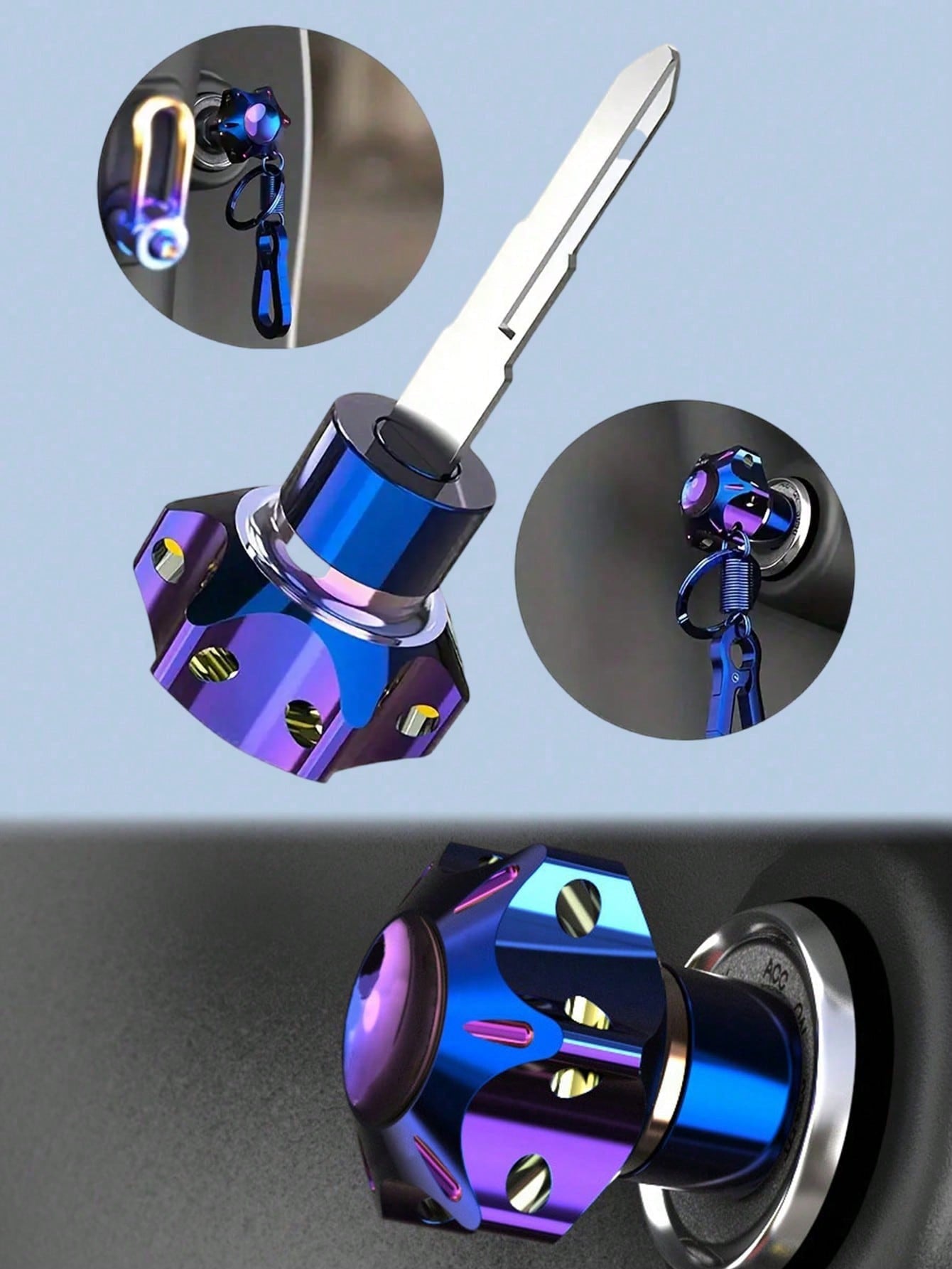 Titanium Anodized Motorcycle Key Cap Blue And Black Gradient Titanium Alloy Key Cover With Carabiner Clip Universal Electric Scooter Applicable Customized Bicycle Accessories Personalized Universal Re