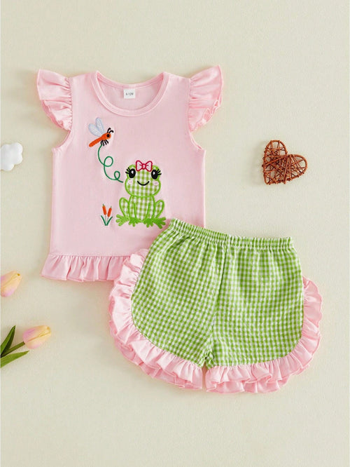 Toddler Girl 2Pcs Outfits Plaid/Cow Print Shirt Ruffle Sleeve Tops And Shorts Set Western Infant Summer Clothes
