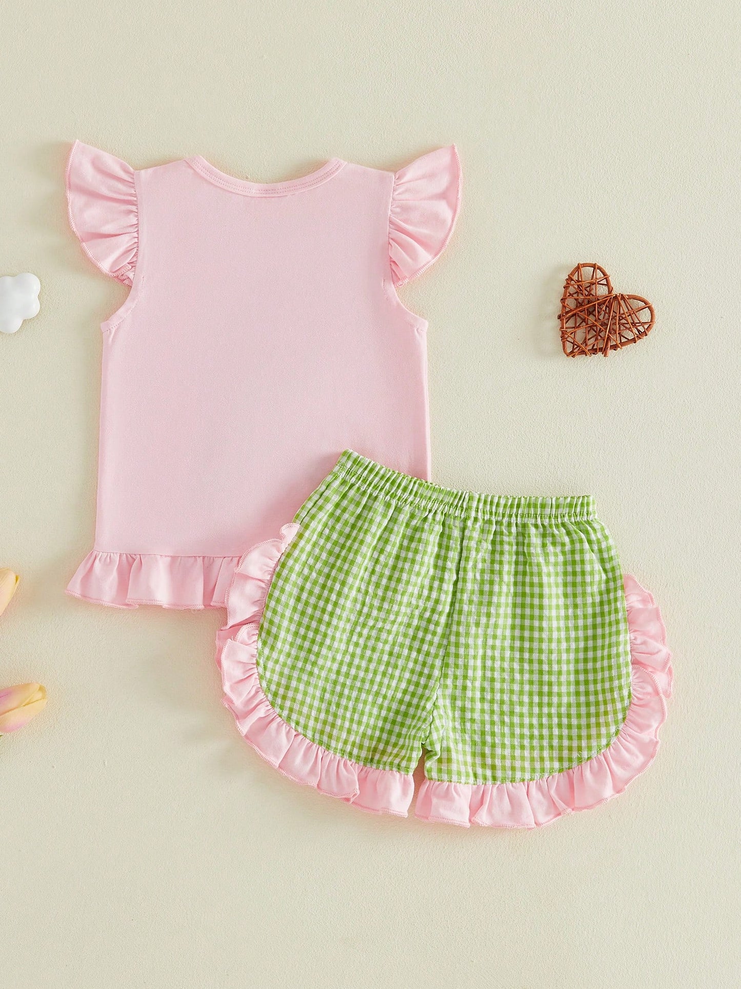 Toddler Girl 2Pcs Outfits Plaid/Cow Print Shirt Ruffle Sleeve Tops And Shorts Set Western Infant Summer Clothes