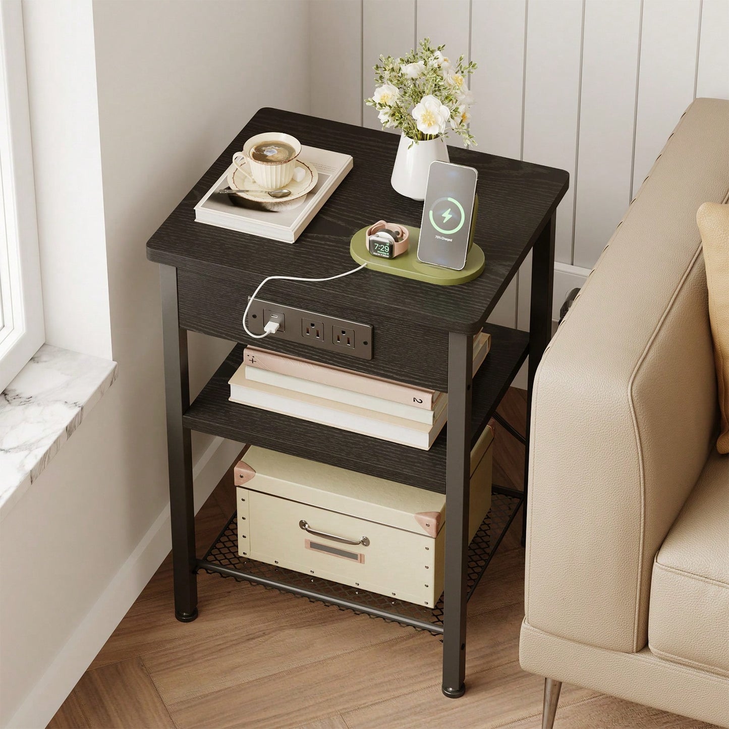 Tomnk End Table With Charging Station, Bedside Table, Night Stand With Storage, 3-Tier Bed Side Table, End Table For Bedroom, Living Room