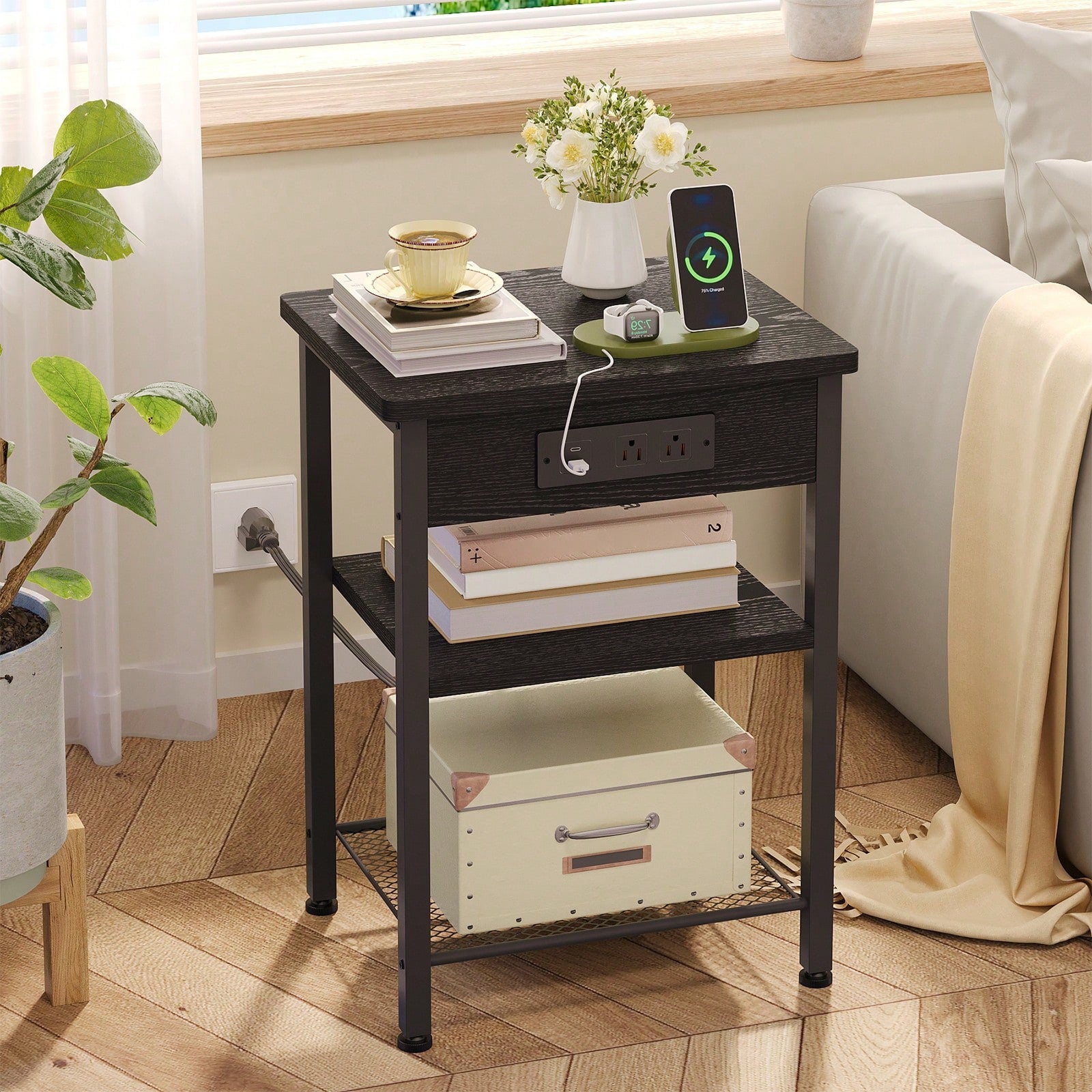 Tomnk End Table With Charging Station, Bedside Table, Night Stand With Storage, 3-Tier Bed Side Table, End Table For Bedroom, Living Room