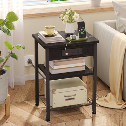 Tomnk End Table With Charging Station, Bedside Table, Night Stand With Storage, 3-Tier Bed Side Table, End Table For Bedroom, Living Room