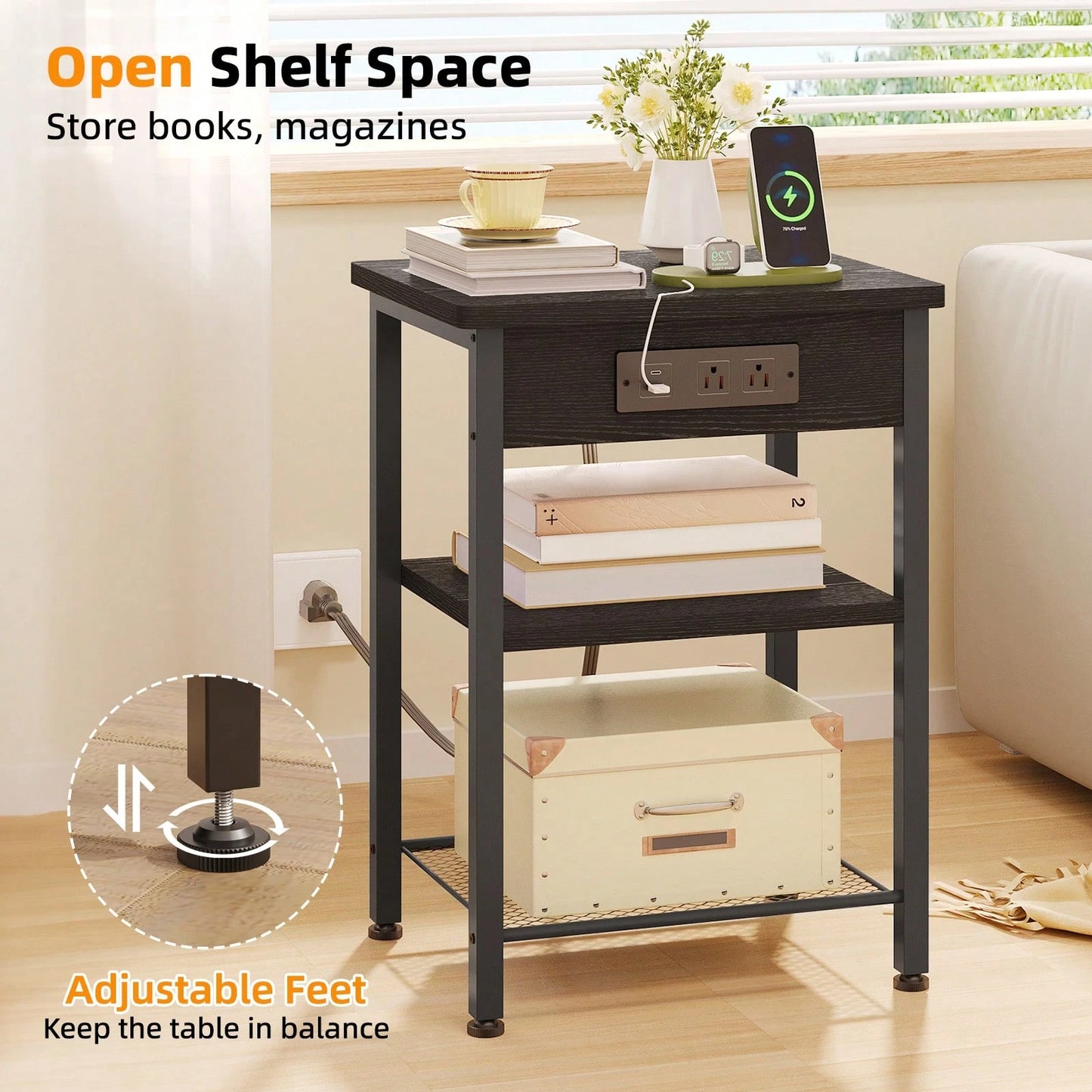 Tomnk End Table With Charging Station, Bedside Table, Night Stand With Storage, 3-Tier Bed Side Table, End Table For Bedroom, Living Room
