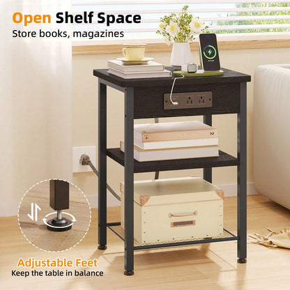 Tomnk End Table With Charging Station, Bedside Table, Night Stand With Storage, 3-Tier Bed Side Table, End Table For Bedroom, Living Room