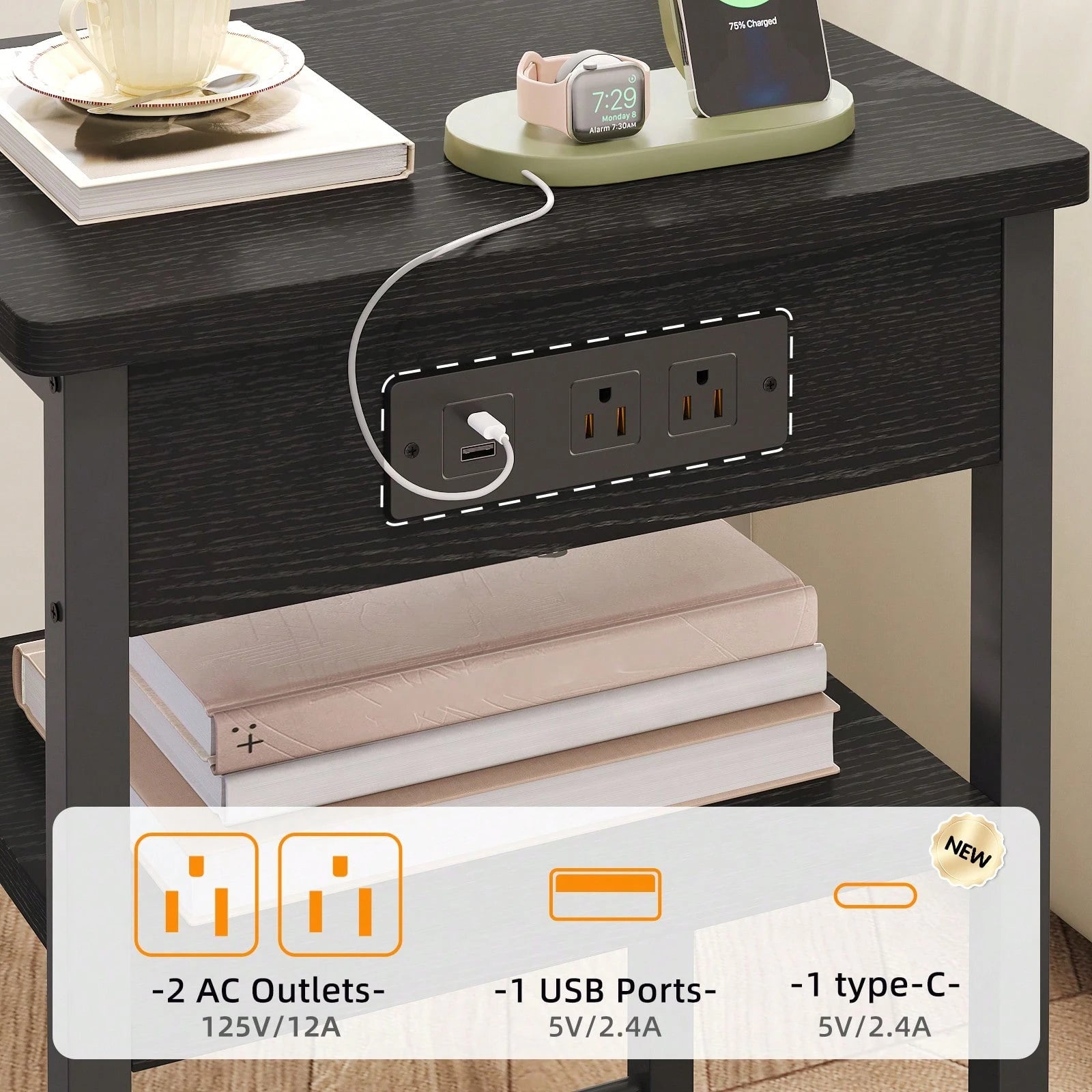 Tomnk End Table With Charging Station, Bedside Table, Night Stand With Storage, 3-Tier Bed Side Table, End Table For Bedroom, Living Room