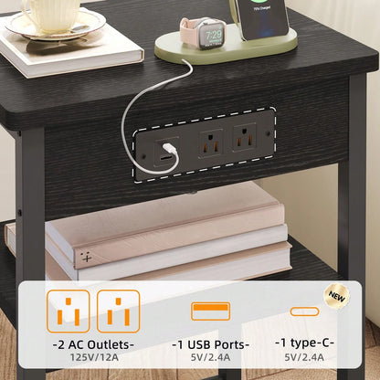 Tomnk End Table With Charging Station, Bedside Table, Night Stand With Storage, 3-Tier Bed Side Table, End Table For Bedroom, Living Room