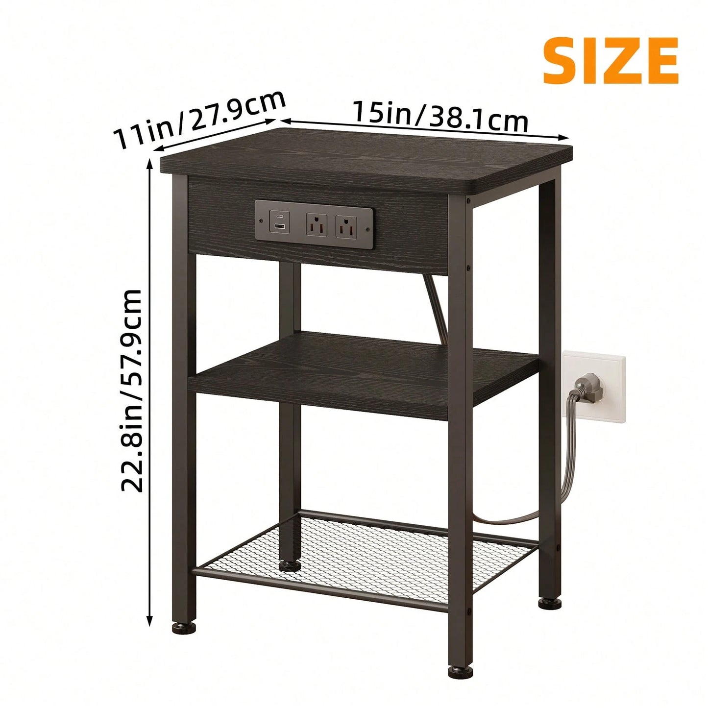 Tomnk End Table With Charging Station, Bedside Table, Night Stand With Storage, 3-Tier Bed Side Table, End Table For Bedroom, Living Room
