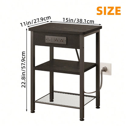 Tomnk End Table With Charging Station, Bedside Table, Night Stand With Storage, 3-Tier Bed Side Table, End Table For Bedroom, Living Room