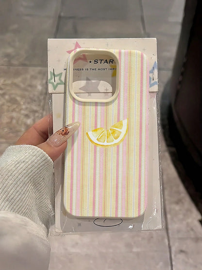 TPU Minimalist White Pink Yellow Vertical Striped Lemon Pattern Shockproof Fashion Phone Case 1pc White & Light Striped Lemon Pattern Minimalist Full Coverage TPU Shockproof Phone Case Compatible With
