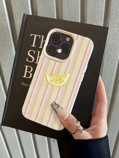 TPU Minimalist White Pink Yellow Vertical Striped Lemon Pattern Shockproof Fashion Phone Case 1pc White & Light Striped Lemon Pattern Minimalist Full Coverage TPU Shockproof Phone Case Compatible With