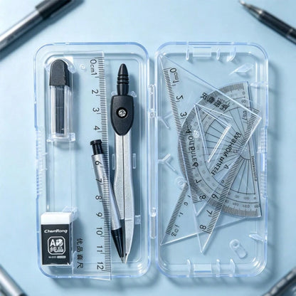 Transparent Storage Box/7-Piece Compass Set- Includes A Protractor And Ruler For Precise Geometric Drawing, As Well As A Set Square And A Complete Stationery Set. Projects, School.