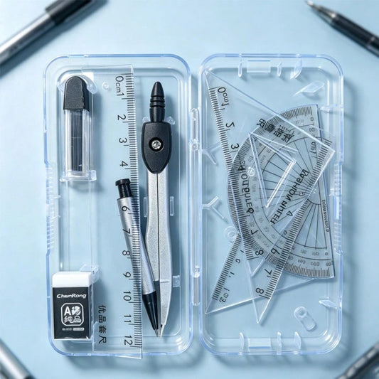 Transparent Storage Box/7-Piece Compass Set- Includes A Protractor And Ruler For Precise Geometric Drawing, As Well As A Set Square And A Complete Stationery Set. Projects, School.