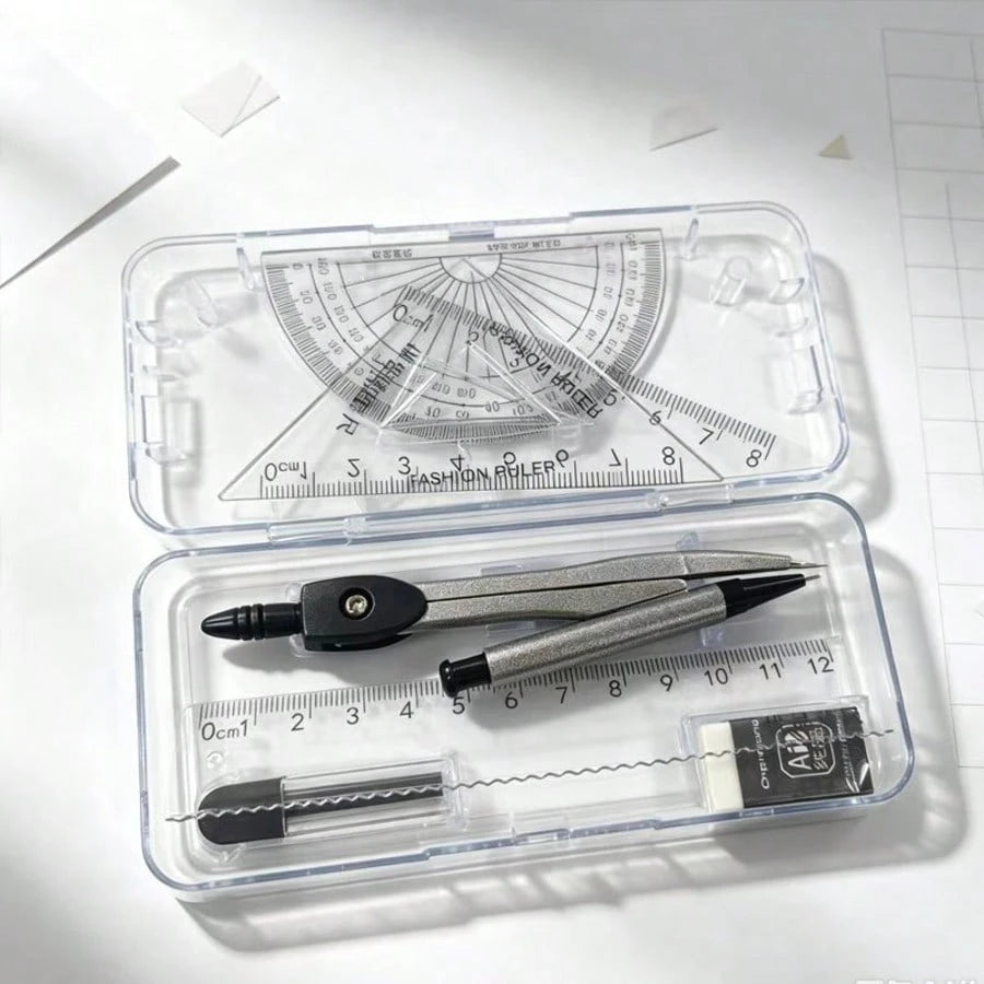 Transparent Storage Box/7-Piece Compass Set- Includes A Protractor And Ruler For Precise Geometric Drawing, As Well As A Set Square And A Complete Stationery Set. Projects, School.