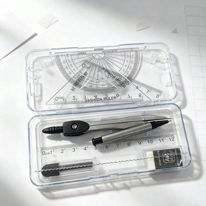 Transparent Storage Box/7-Piece Compass Set- Includes A Protractor And Ruler For Precise Geometric Drawing, As Well As A Set Square And A Complete Stationery Set. Projects, School.