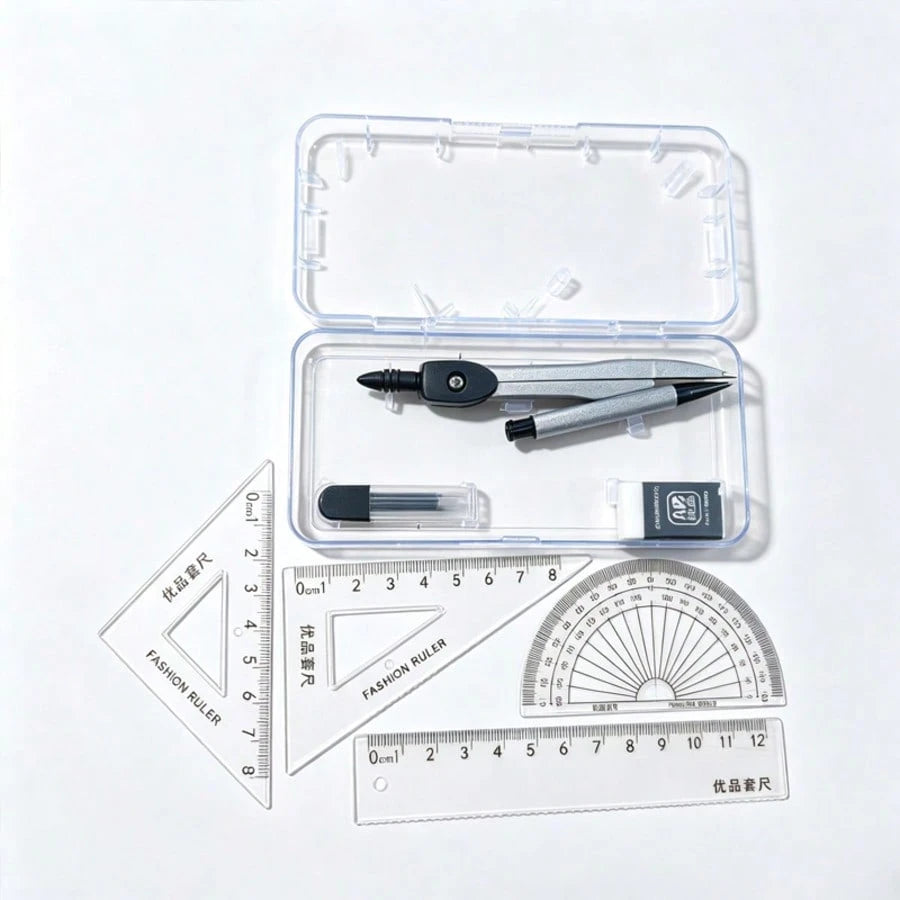 Transparent Storage Box/7-Piece Compass Set- Includes A Protractor And Ruler For Precise Geometric Drawing, As Well As A Set Square And A Complete Stationery Set. Projects, School.