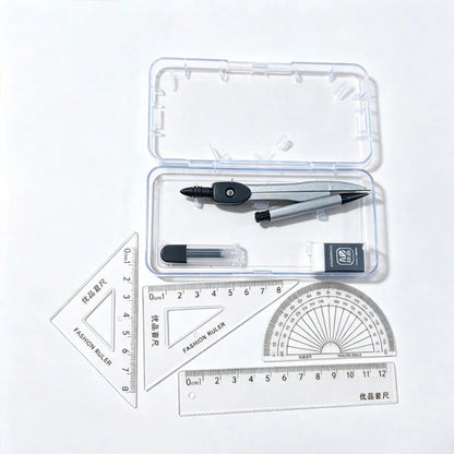 Transparent Storage Box/7-Piece Compass Set- Includes A Protractor And Ruler For Precise Geometric Drawing, As Well As A Set Square And A Complete Stationery Set. Projects, School.