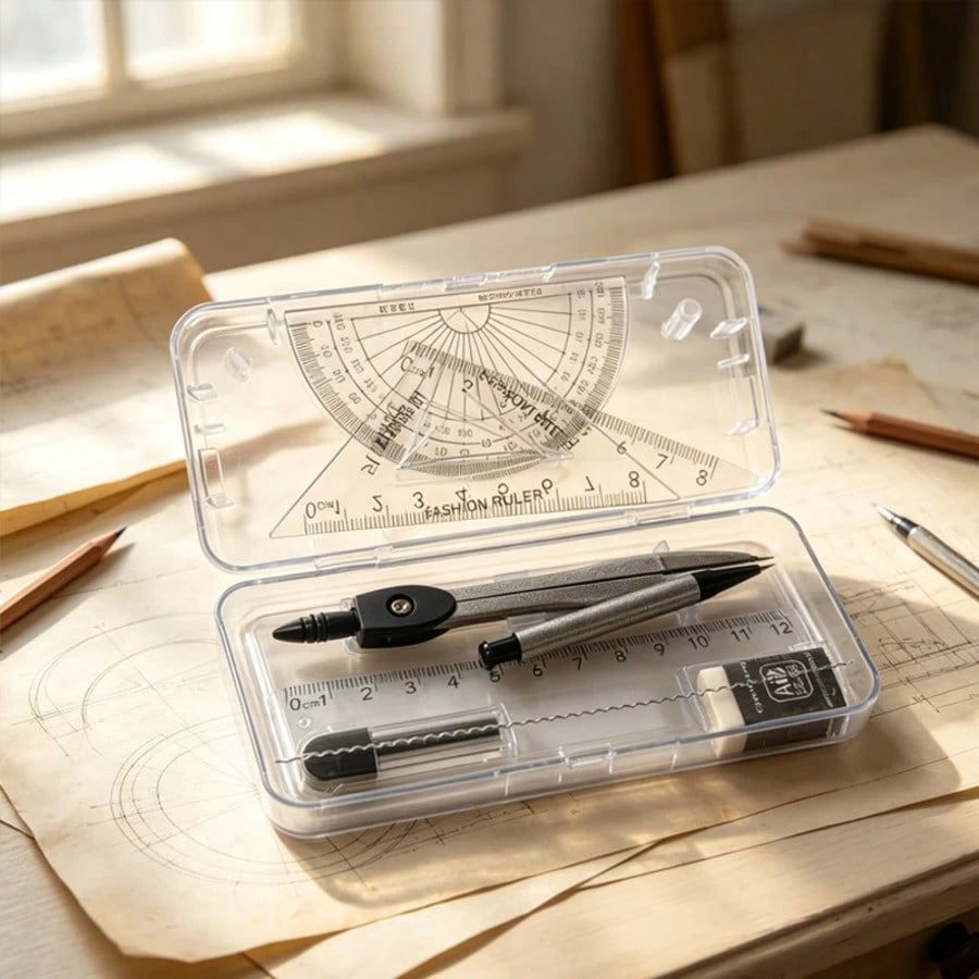 Transparent Storage Box/7-Piece Compass Set- Includes A Protractor And Ruler For Precise Geometric Drawing, As Well As A Set Square And A Complete Stationery Set. Projects, School.