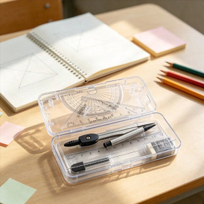 Transparent Storage Box/7-Piece Compass Set- Includes A Protractor And Ruler For Precise Geometric Drawing, As Well As A Set Square And A Complete Stationery Set. Projects, School.