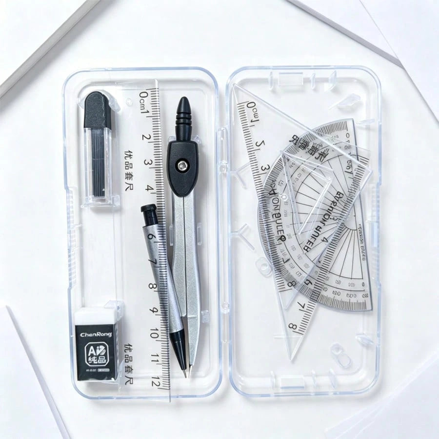 Transparent Storage Box/7-Piece Compass Set- Includes A Protractor And Ruler For Precise Geometric Drawing, As Well As A Set Square And A Complete Stationery Set. Projects, School.