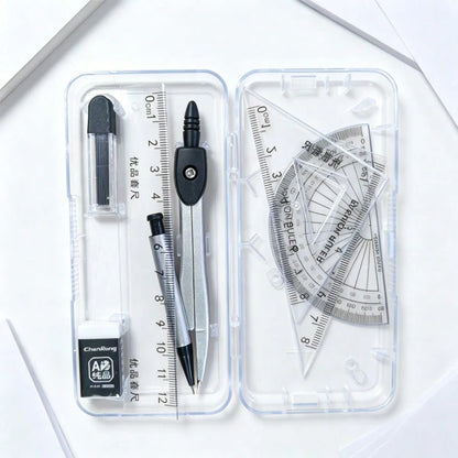 Transparent Storage Box/7-Piece Compass Set- Includes A Protractor And Ruler For Precise Geometric Drawing, As Well As A Set Square And A Complete Stationery Set. Projects, School.