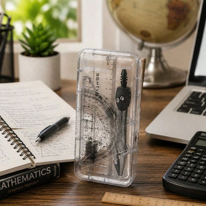Transparent Storage Box/7-Piece Compass Set- Includes A Protractor And Ruler For Precise Geometric Drawing, As Well As A Set Square And A Complete Stationery Set. Projects, School.