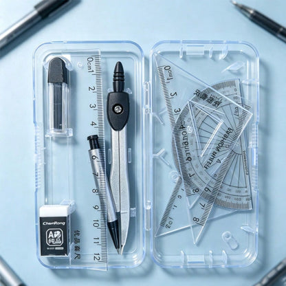 Transparent Storage Box/7-Piece Compass Set- Includes A Protractor And Ruler For Precise Geometric Drawing, As Well As A Set Square And A Complete Stationery Set. Projects, School.