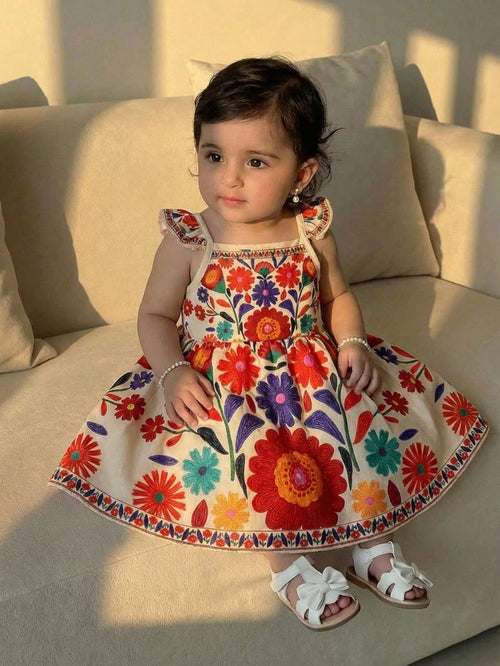 Travachic KIDS Travachic KIDS 1pc Baby Girl Casual Cute Sweet Pattern Placement Retro Print Floral Vintage Style Sleeveless Elastic Waist Dress