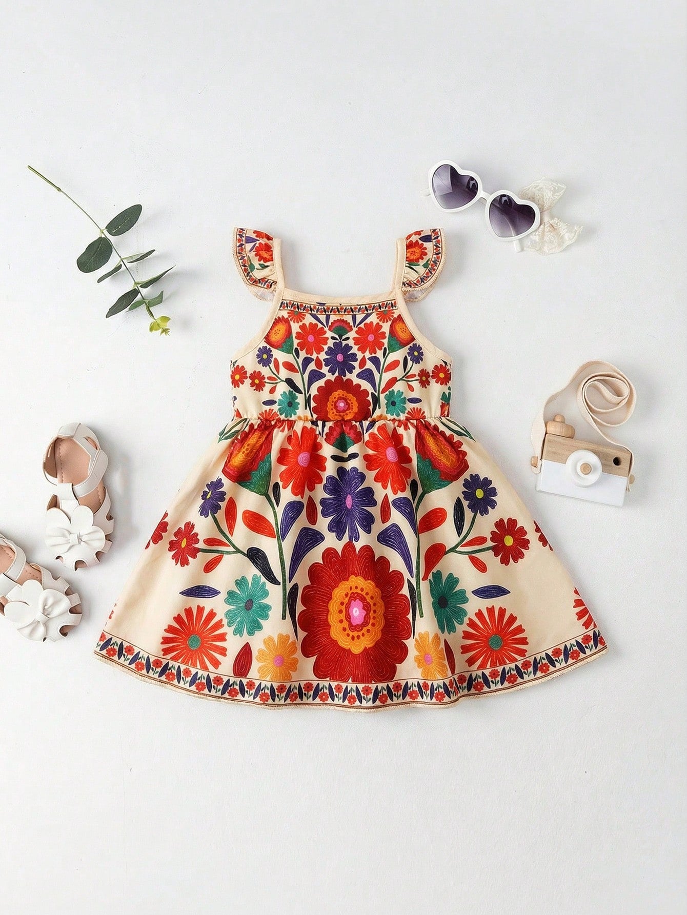 Travachic KIDS Travachic KIDS 1pc Baby Girl Casual Cute Sweet Pattern Placement Retro Print Floral Vintage Style Sleeveless Elastic Waist Dress
