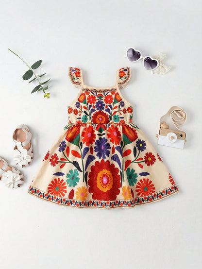 Travachic KIDS Travachic KIDS 1pc Baby Girl Casual Cute Sweet Pattern Placement Retro Print Floral Vintage Style Sleeveless Elastic Waist Dress