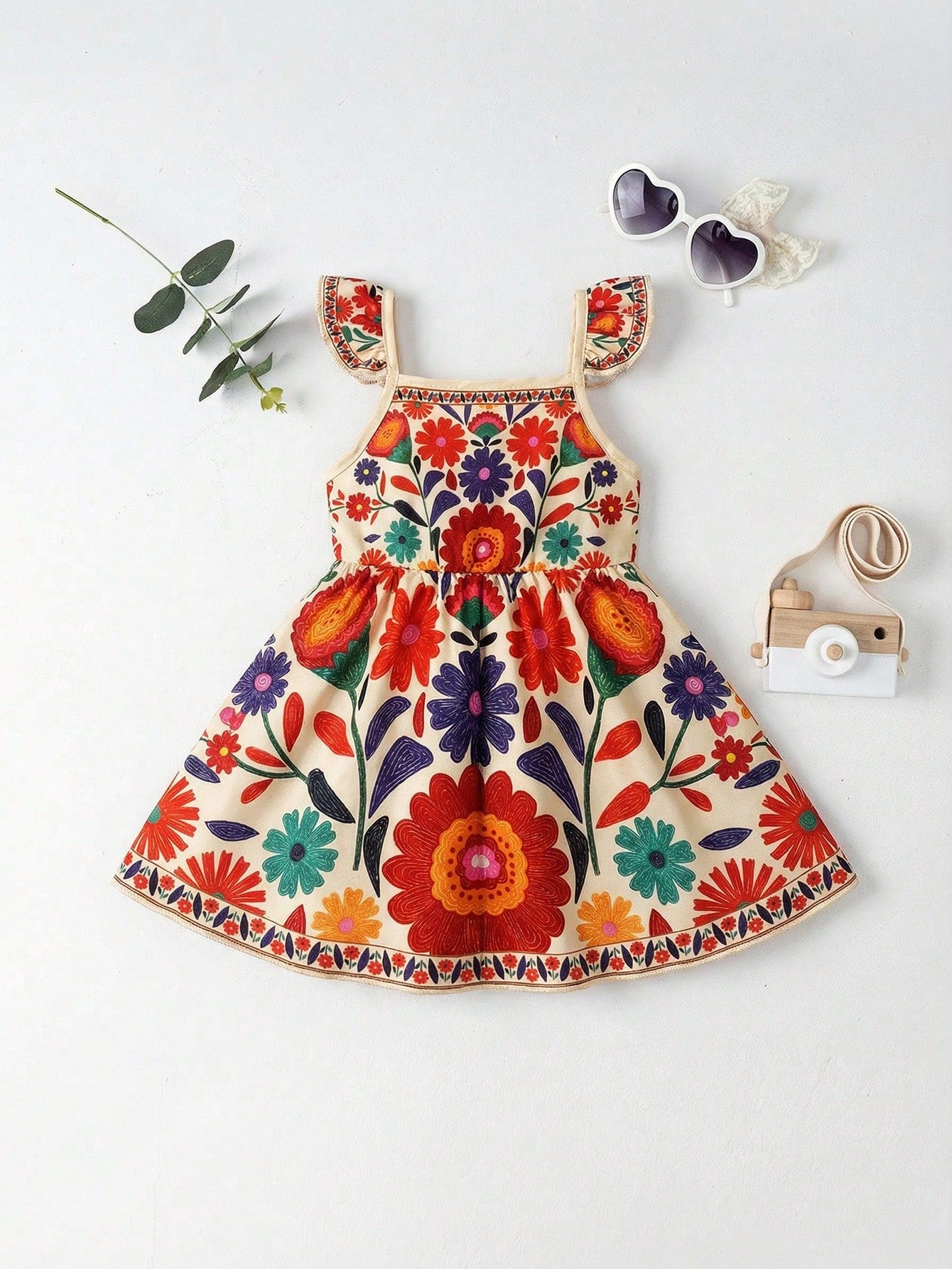 Travachic KIDS Travachic KIDS 1pc Baby Girl Casual Cute Sweet Pattern Placement Retro Print Floral Vintage Style Sleeveless Elastic Waist Dress