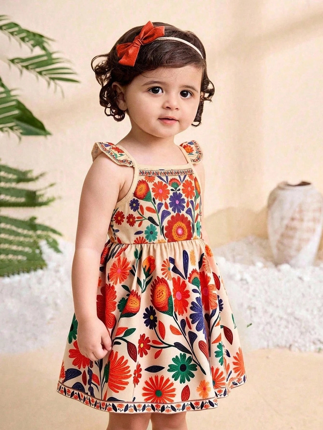 Travachic KIDS Travachic KIDS 1pc Baby Girl Casual Cute Sweet Pattern Placement Retro Print Floral Vintage Style Sleeveless Elastic Waist Dress