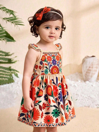 Travachic KIDS Travachic KIDS 1pc Baby Girl Casual Cute Sweet Pattern Placement Retro Print Floral Vintage Style Sleeveless Elastic Waist Dress
