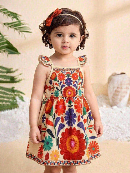 Travachic KIDS Travachic KIDS 1pc Baby Girl Casual Cute Sweet Pattern Placement Retro Print Floral Vintage Style Sleeveless Elastic Waist Dress