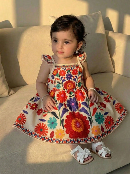 Travachic KIDS Travachic KIDS 1pc Baby Girl Casual Cute Sweet Pattern Placement Retro Print Floral Vintage Style Sleeveless Elastic Waist Dress