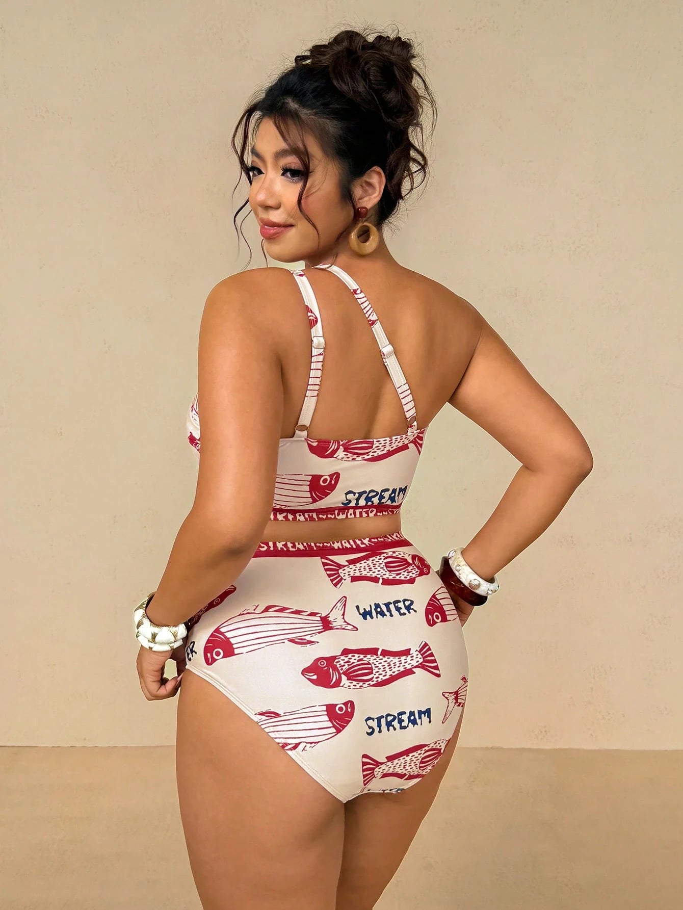 Travachic Plus Size Tropical Floral Print Cutout Detail Halter Bikini Set, Casual Beach Vacation Summer Bathing Suits For Women Swimsuits For Woman