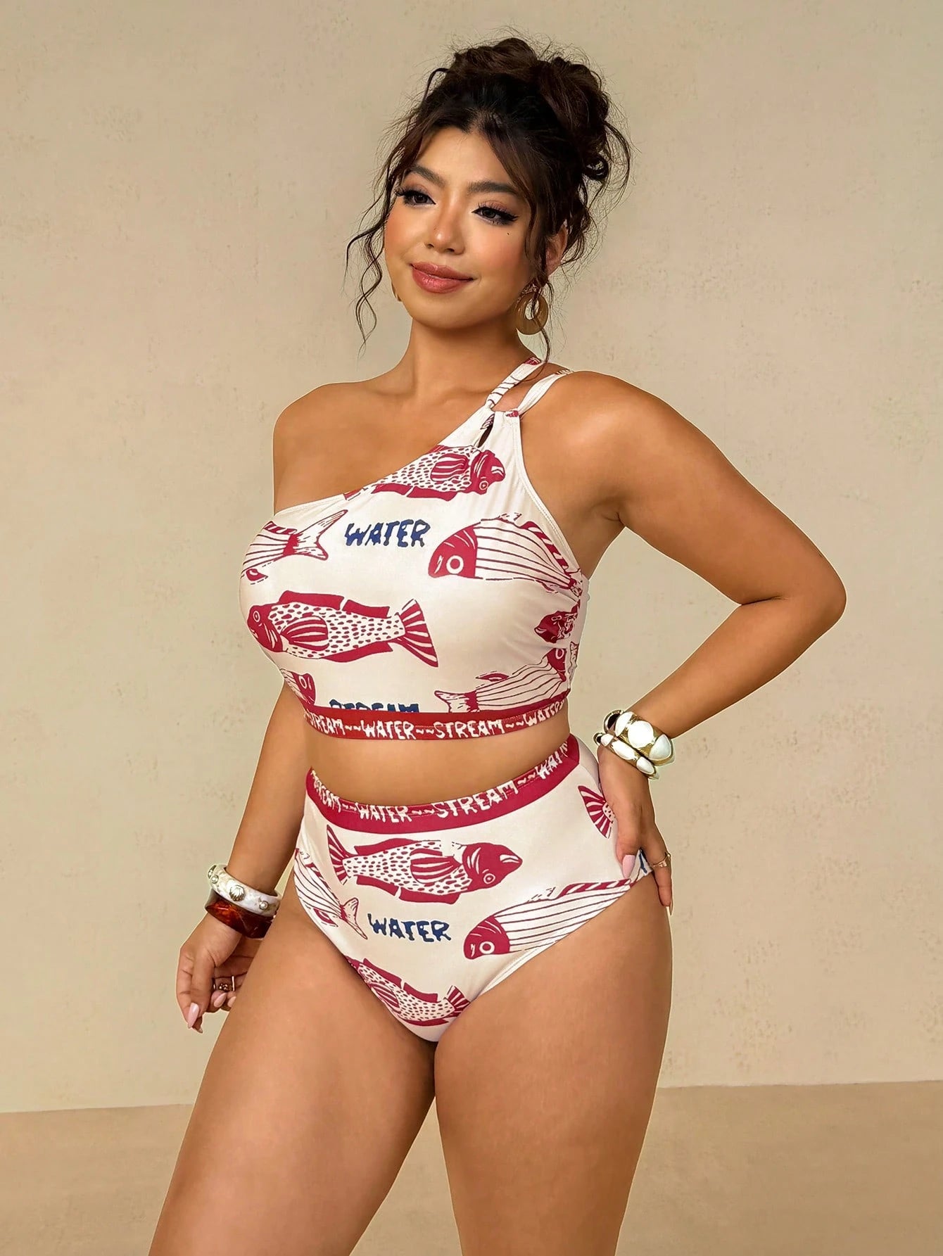 Travachic Plus Size Tropical Floral Print Cutout Detail Halter Bikini Set, Casual Beach Vacation Summer Bathing Suits For Women Swimsuits For Woman