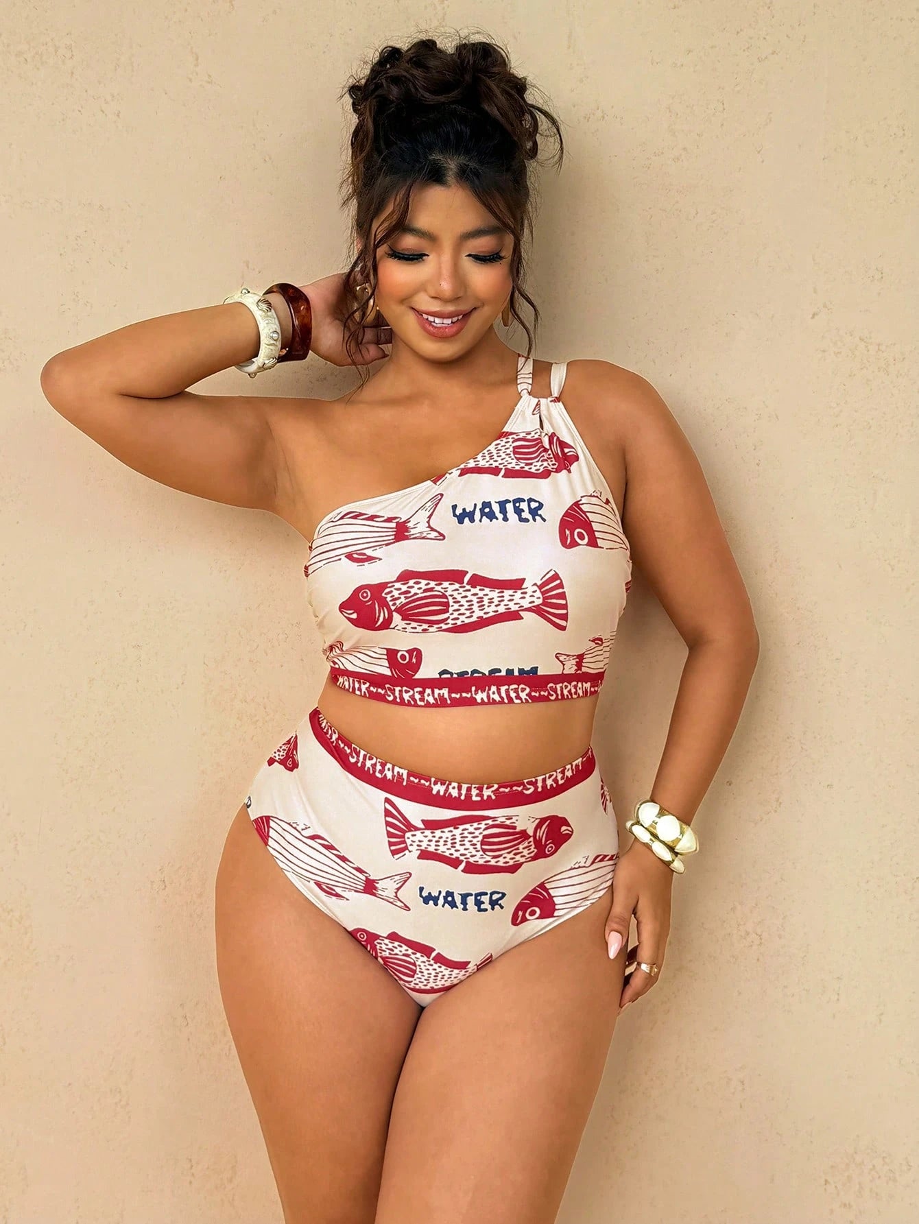 Travachic Plus Size Tropical Floral Print Cutout Detail Halter Bikini Set, Casual Beach Vacation Summer Bathing Suits For Women Swimsuits For Woman