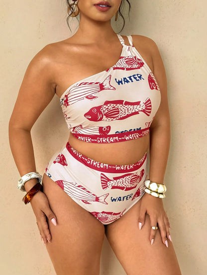 Travachic Plus Size Tropical Floral Print Cutout Detail Halter Bikini Set, Casual Beach Vacation Summer Bathing Suits For Women Swimsuits For Woman