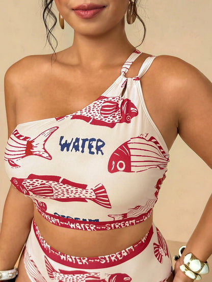 Travachic Plus Size Tropical Floral Print Cutout Detail Halter Bikini Set, Casual Beach Vacation Summer Bathing Suits For Women Swimsuits For Woman