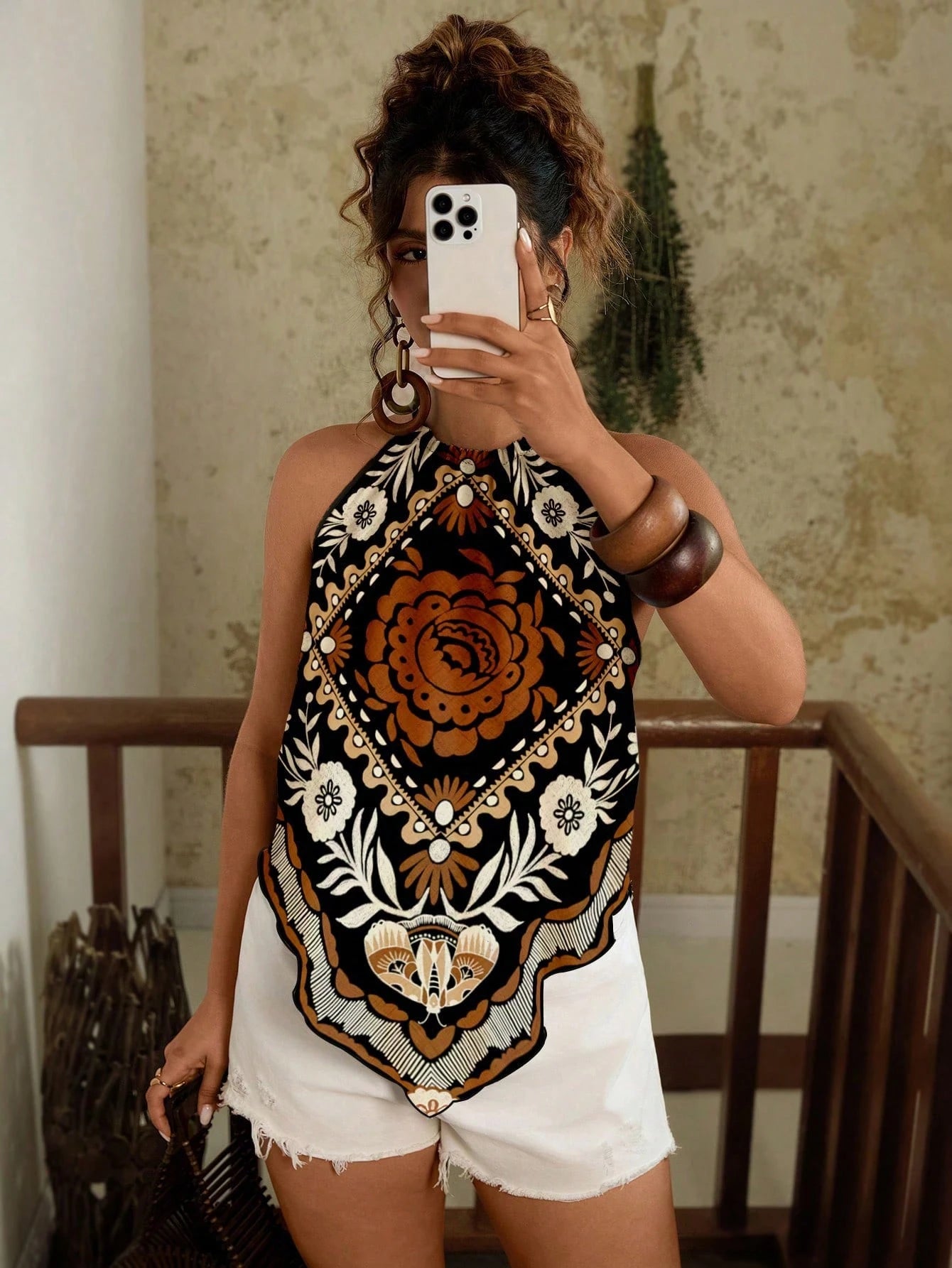 Travachic Plus Size Women Allover Print Halter Casual Versatile Top For Dates & Outings