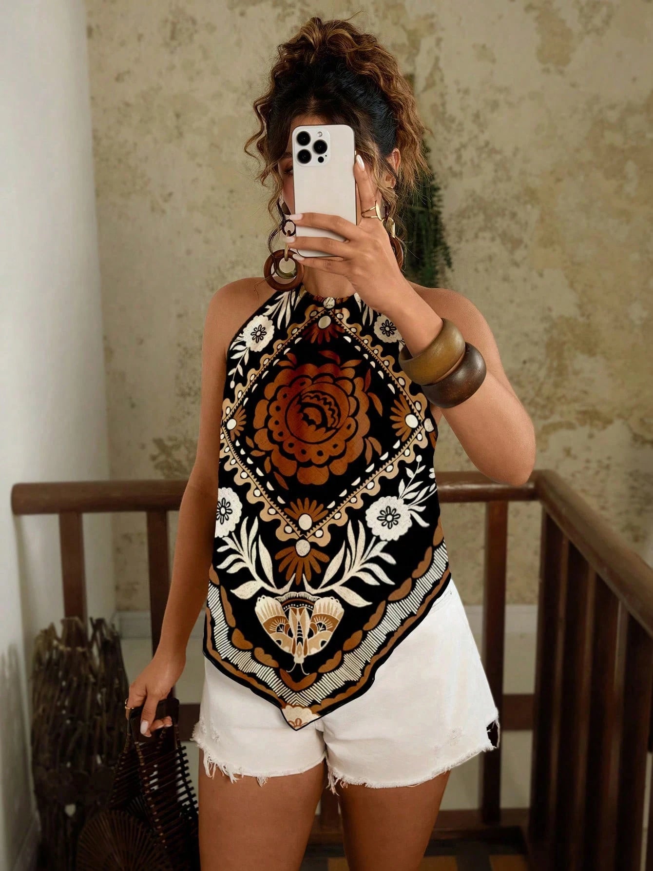 Travachic Plus Size Women Allover Print Halter Casual Versatile Top For Dates & Outings