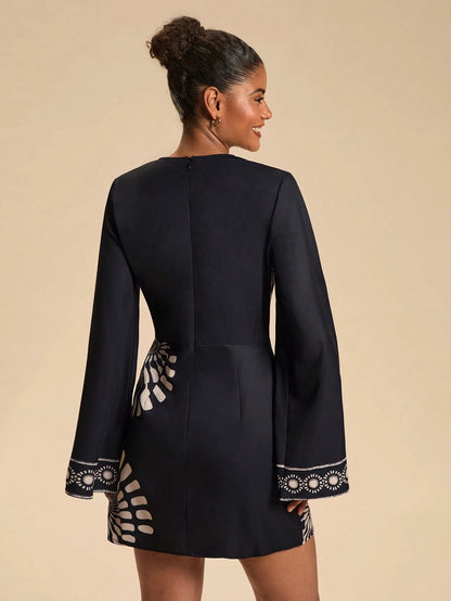 Travachic Women's Floral Metal Decor Pleated Print Elegant Elegant Long Sleeve Dress Night Out Navy Blue Autumn