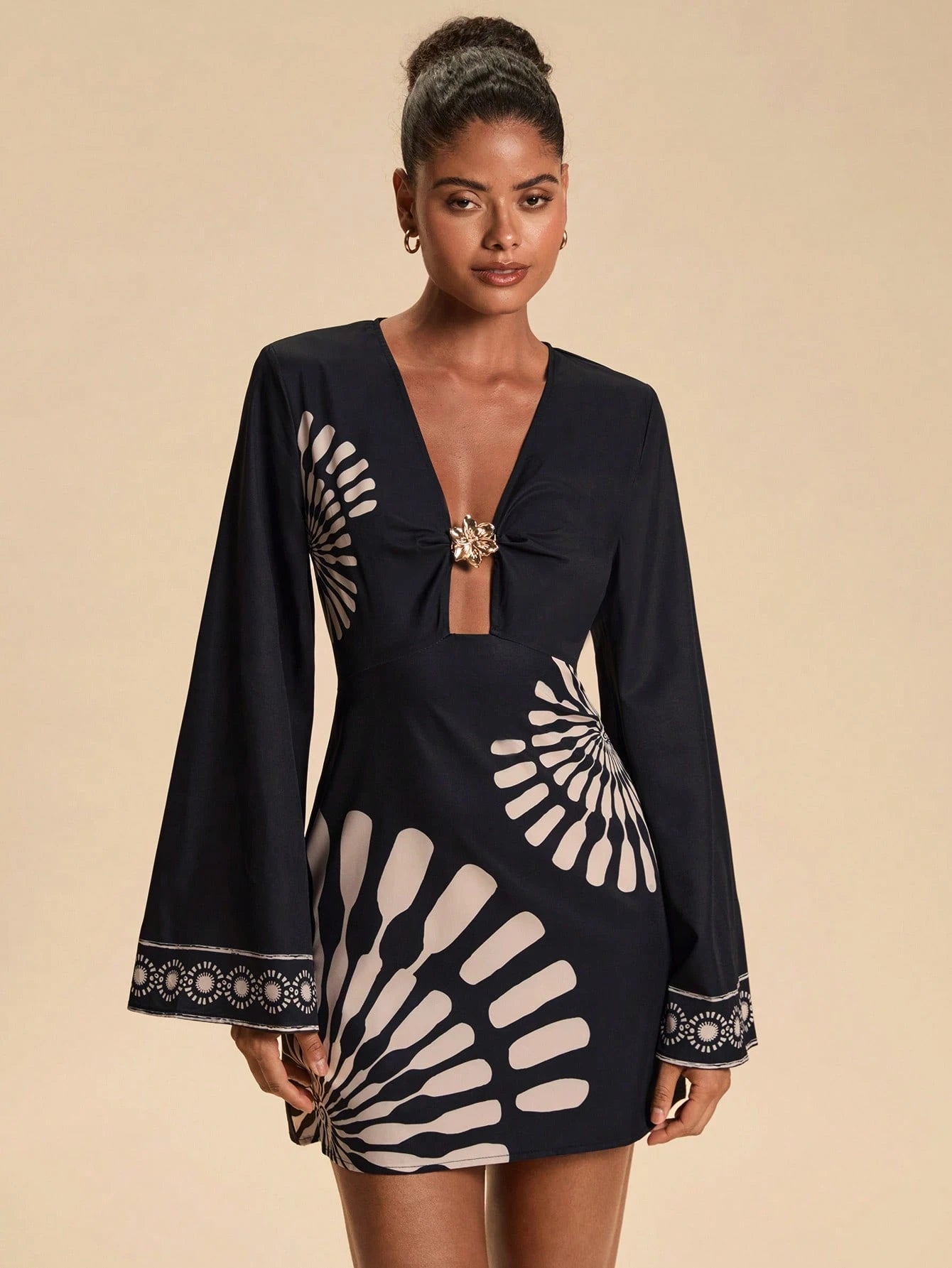 Travachic Women's Floral Metal Decor Pleated Print Elegant Elegant Long Sleeve Dress Night Out Navy Blue Autumn