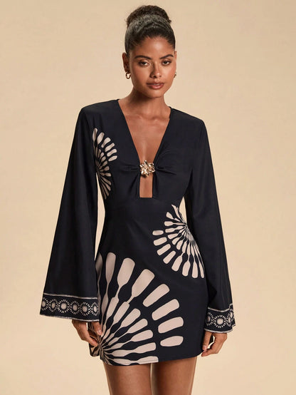 Travachic Women's Floral Metal Decor Pleated Print Elegant Elegant Long Sleeve Dress Night Out Navy Blue Autumn
