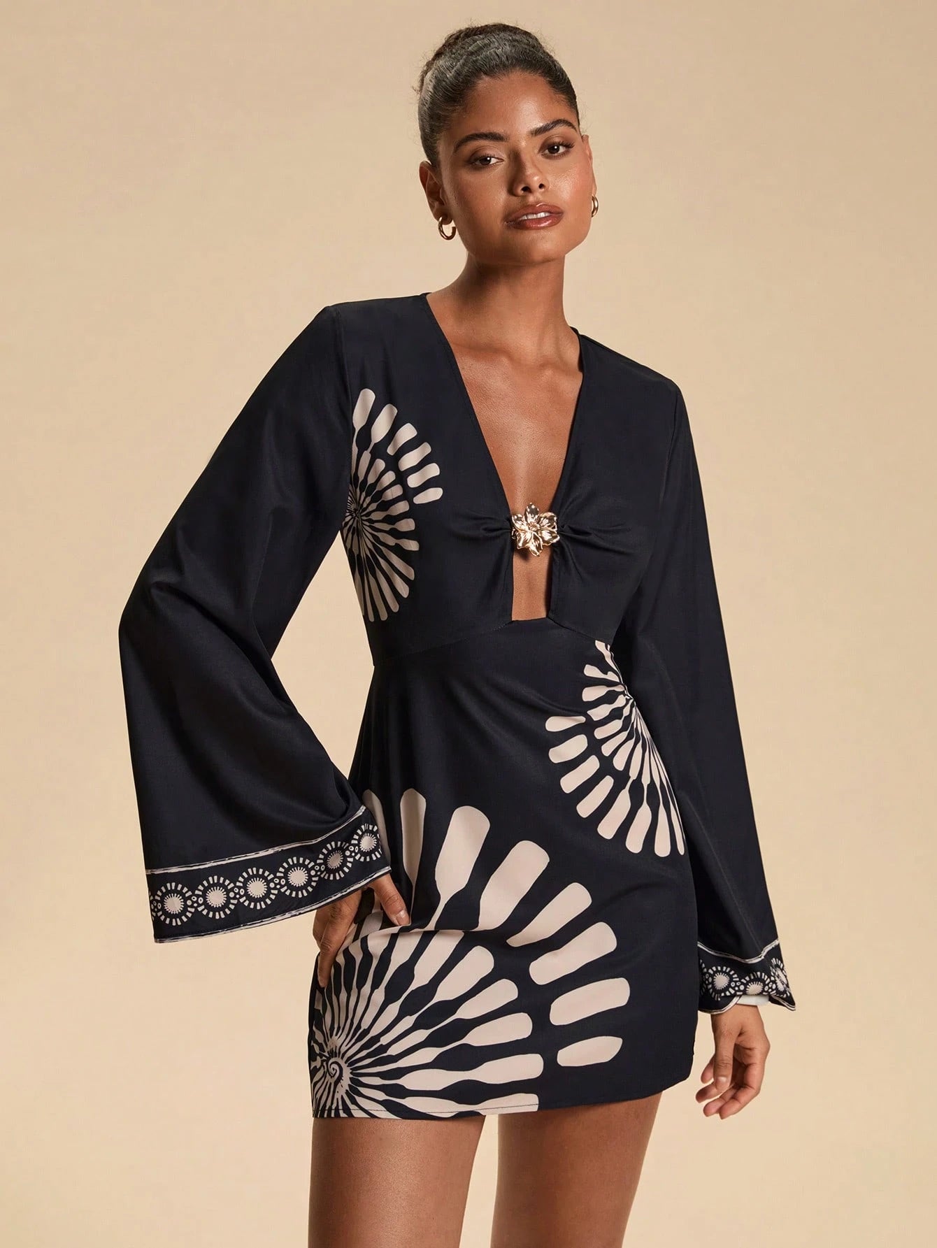Travachic Women's Floral Metal Decor Pleated Print Elegant Elegant Long Sleeve Dress Night Out Navy Blue Autumn