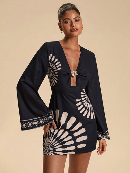 Travachic Women's Floral Metal Decor Pleated Print Elegant Elegant Long Sleeve Dress Night Out Navy Blue Autumn