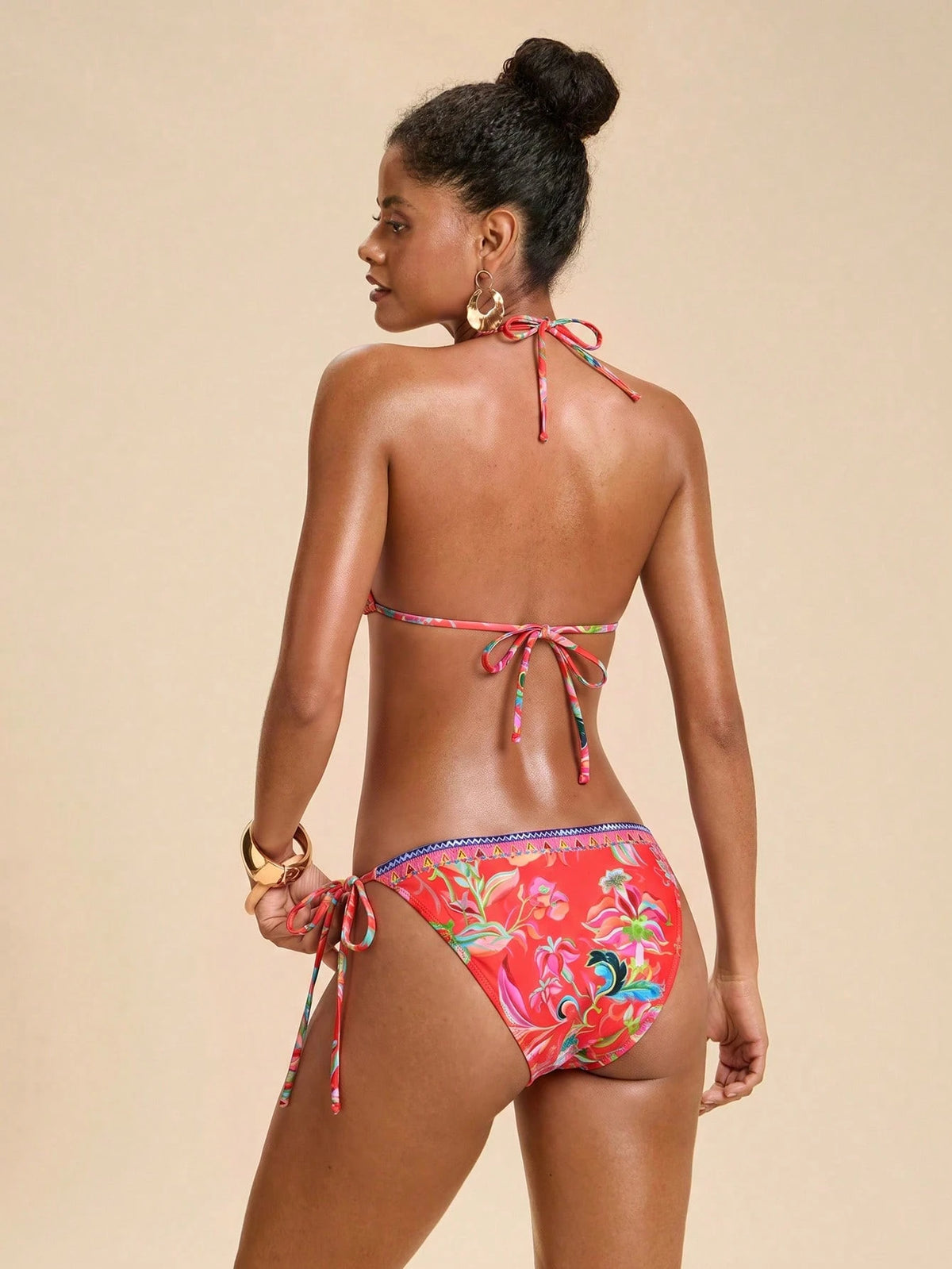 Travachic Women's Summer Beach Vacation Floral Print Halter Tie Sexy Tropical Fashion Bikini Two-Piece Swimsuit Set Red Bathing Suit Swimsuits