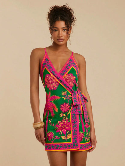 Travachic Women's Wrap Tie Side Green Floral Boho Tropical Beach Vacation Dress Summer Holiday Outfits Elegant Bohemian Clothes For Wedding Music Festival